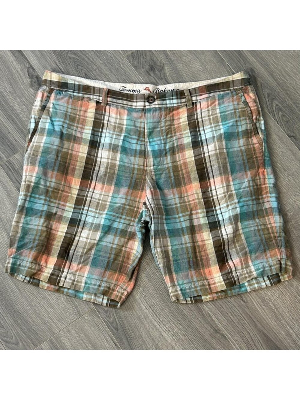 Tommy Bahama Shorts Mens 40 Multicolor Linen Tencel Plaid Chino 9 Inseam Beach